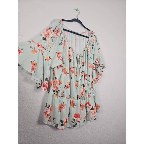 White Birch  Light Green Floral Bell Sleeve Peasant Top 3X Womens - Picture 2 of 6